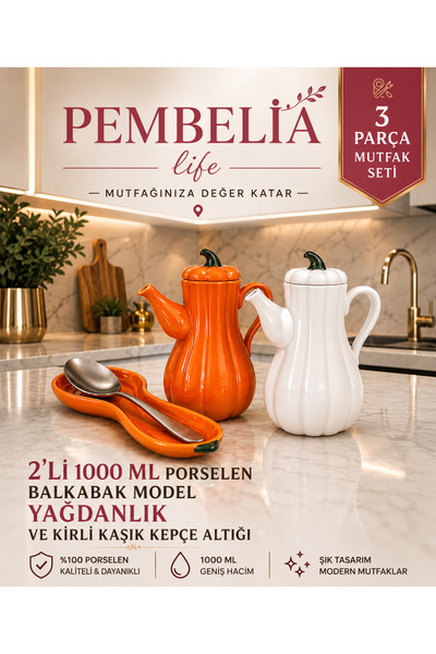 Pembelia Life 3’lü Set 2’li Turuncu ve Beyaz Herbiri Porselen 1000 ml Yağdanl...