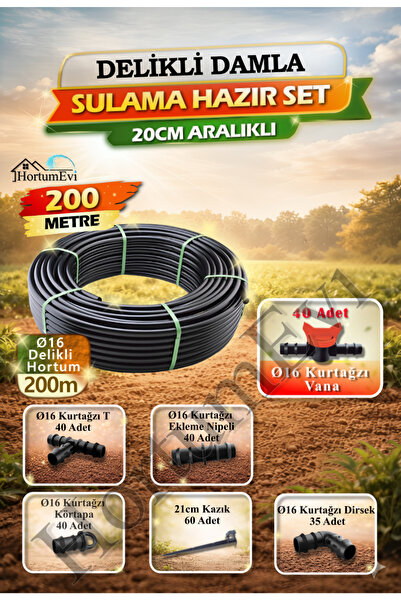 HortumEvi 200 Metre 16mm Delikli Damla Sulama Seti – 20 cm Aralıklı Hazır Sis...