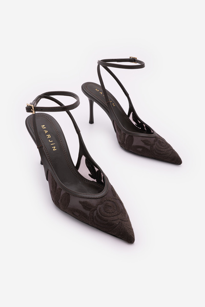 Marjin Pantofi cu toc stiletto pentru femei, cu curea la gleznă, din dantelă,...