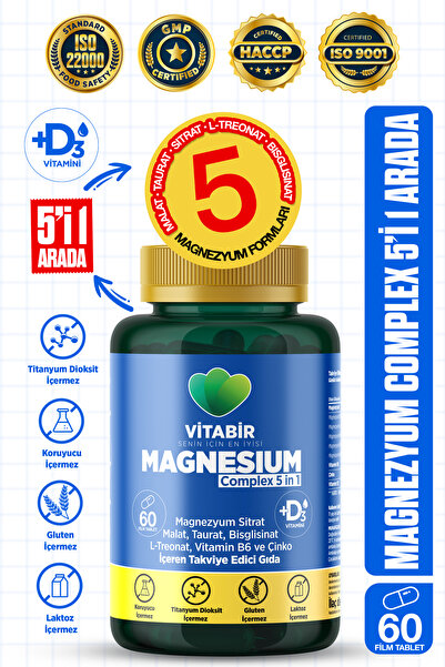 vitabir 5X Çoklu Magnezyum Complex | 5i1 Arada Bisglisinat, Taurat, Malat, Si...