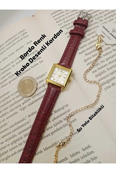 Brality Vintage Kadın Kol Saati, BORDO Renk Kordon , Beyaz Renk Kadran , Gold...