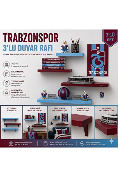 BMD MOBİLYA Bordo Mavi Temalı Dekoratif Duvar Rafı Seti – Trabzon Taraftar Ra...