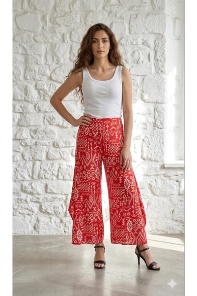 520CK Women's Red Ethnic Patterned Side Slit Viscose Pants - Bohemian Pants