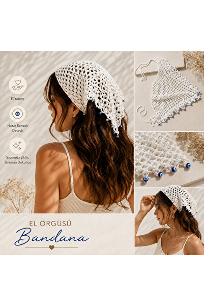 evessa Bohemian Style Bead Detailed Knitted Bandana Ecru