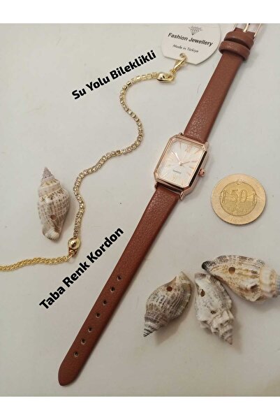 Brality Vintage Tasarım - Taba Renk Kordon- Rose Renk Kasa , Beyaz Renk Kadra...