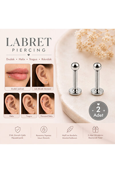 Heppii 2 Adet 316L Cerrahi Çelik Ucu Toplu Dil Dudak Piercingi Gümüş Gold Siy...