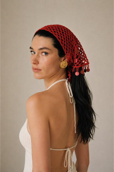 Didora Kırmızı Pullu Tığ İşi Saç Filesi Bandana