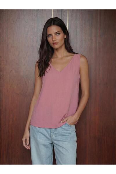 WeShaya Dusty Rose Stretchy Fabric V-Neck Zero Sleeve Straight Cut Comfortabl...