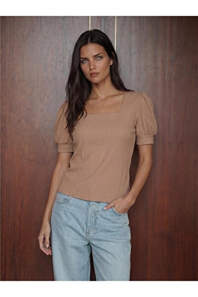 WeShaya B.Brown Polyester Lycra Knitted Square Neck Short Sleeve Straight Cut...