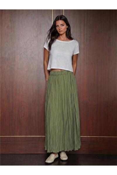 WeShaya A.Khaki Polyester Wrinkled Textured Long Skirt 8042, High Waist Comfo...