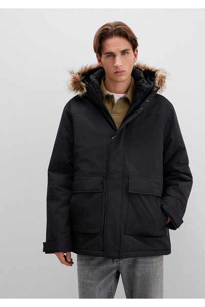 Mavi Kapüşonlu Siyah Parka Loose Fit / Bol Rahat Kesim 0110472-900