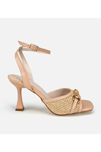 Hotiç Women's Beige Straw Detailed Buckle Heeled Sandals