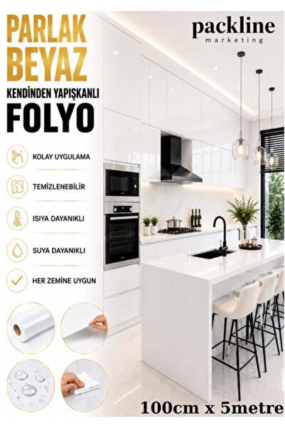 Packline Marketing Sjajna bela lepljiva folija za kuhinjske ormariće i prekri...