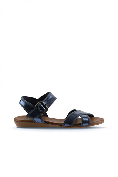 Bueno Shoes Sandale plate pentru femei din piele strălucitoare albastru bleum...