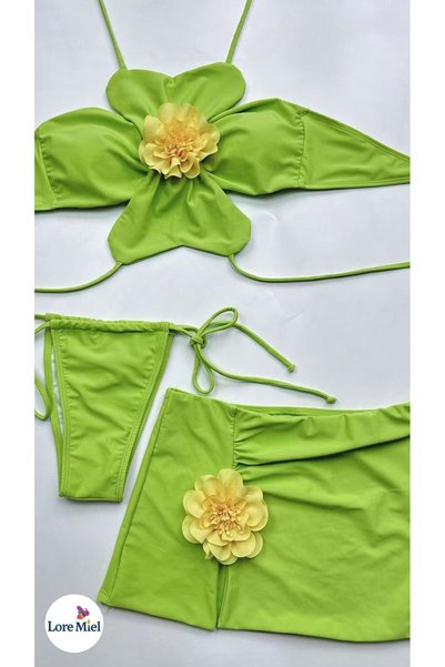 LORE MİEL Kadın 3D Yeşil Çiçekli Bikini Takımı