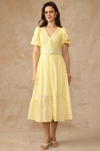Olcay V-Neck Guipure Dress with Belt Accessory Yellow 9459-E