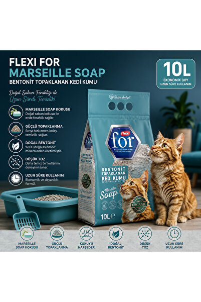 FlexiFor Marsilya Sabunu Kokulu Bentonit Topaklanan Premium Kedi Kumu 10 L - Tozsuz - İnce Taneli