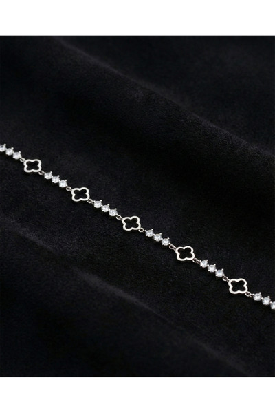 Roza Silver 925 Ayar Rodyum Yonca Motifli Suyolu Gümüş Bileklik