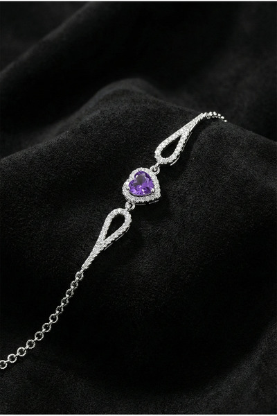 Roza Silver 925 Ayar Ametist Taşlı Rodyum Pırlanta Görünümlü Kalp Gümüş Bileklik