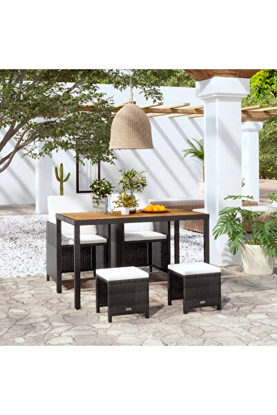 Concept Set mobilier de exterior, 5 piese negru, poliratan, lemn acacia