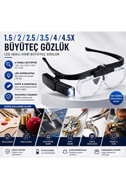 GreaTech 3 Lens 2 LED Işıklı Gözlük Tipi Büyüteç USB Şarjlı Büyüteç 1.5X–4.5X...