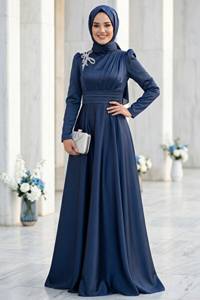 Neva Style Saten Lacivert Tesettür Abiye Elbise 22301L