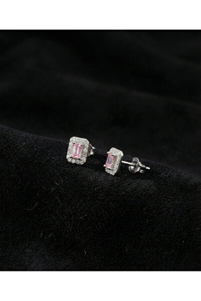Roza Silver 925 Ayar Rodyum Baget Kesim Pembe Taşlı Minimal Günlük Gümüş Küpe