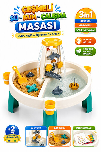 Sayıcı Kids Çeşmeli Kum Su Oyun Masası 3in1 Masaya Dönüşebilen Aktivite Masas...