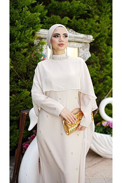 White Corner 3137 ŞİFON PELERİN DETAYLI ELBİSE TASARIM ELBİSE