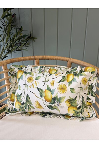 Decamor home Retro Fırfırlı Limon Desenli Yeşil Sarı Kırlent Kılıfı 1 ADET