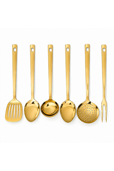 Nu Set ustensile bucatarie inox auriu 6 piese, set ustensile gatit, inox alim...