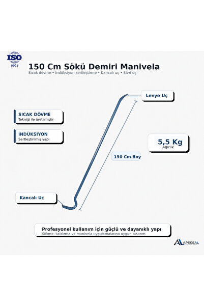 Sait Demirci Apeksal 150 Cm Sökü Demiri Manivela Dövme Çelik 5,5 Kg Kancalı