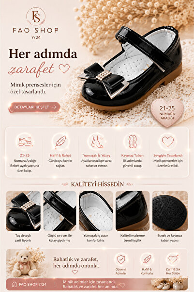 fao shop 7/24 Baby Girl Black First Step Ballerina Shoes Size 21 Orthopedic S...
