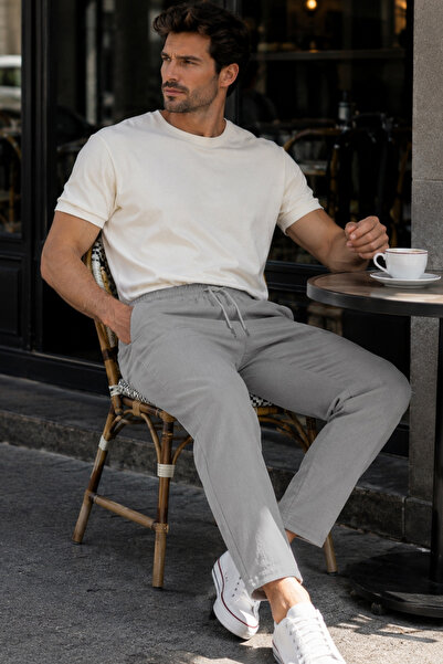CEDY DENIM Erkek Yazlık Sentetik Keten Bol Kesim Pantolon Yüksek Bel Lastikli C350