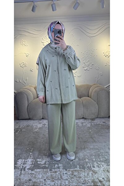 Nuss 1064 طقم مفصل بتفاصيل حجرية بلون الظل (أخضر عتيق)