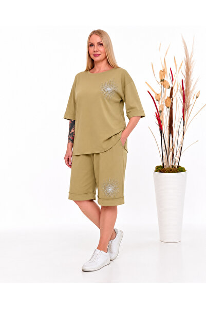 JERFİ Women's Plus Size Glam Detailed Shorts Set
