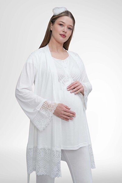 Mecit Pijama Mecit 6203 Ekru Sabahlıklı Lohusa Pijama Takımı