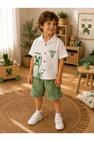 Uğur bebe Set cămașă și pantaloni scurți pentru băieți, culoare ecru, cu gule...