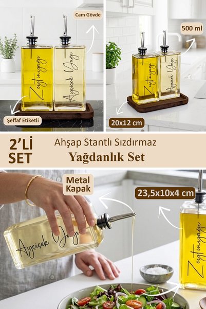 dnshome 2li Lüx 500ml Yağdanlık Ahşap Stantlı Gümüş Kapak Cam Yağlık Ayçiçek Yağı Zeytinyağı Sosluk Sirkelik