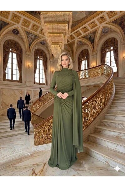 Kenzel Long Sleeve Stone Embellished One Sleeve Cape Long Evening Dress