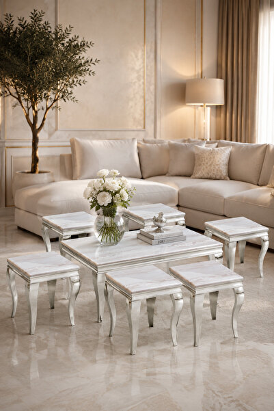 MARIA HOMES Luxury Silver Marble Coffee Table Set 1+6 – Classic Elegant Design