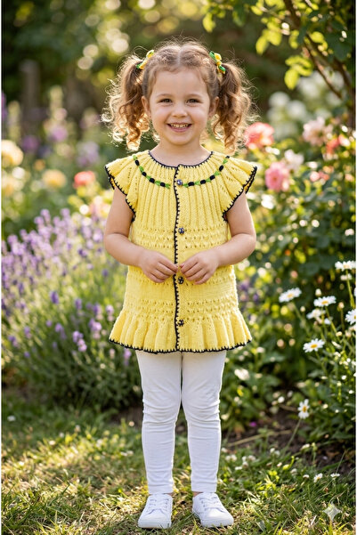 GÜZEL KAMAN Children's Hand Knitted Yellow Vest Crocheted in Skirts Robe Vest...