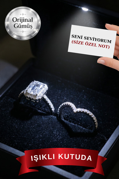 CARAT STONE Işıklı Kutusunda Pırlanta Işıltılı Gümüş Baget Yüzük Sonsuzluk Yüzük