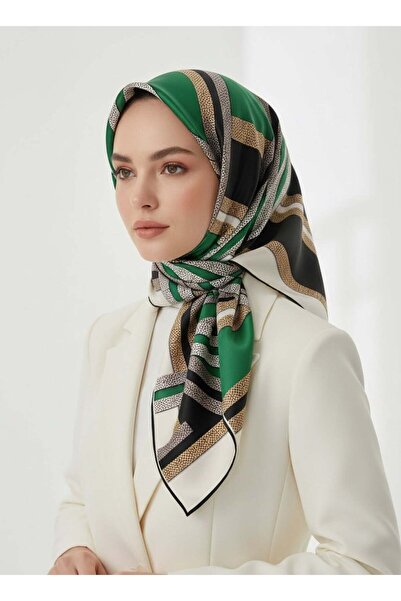 Vissona 100% حرير تويل بنمط هندسي أسود - أخضر زمردي ملون 90x90 وشاح طريقة الخ...