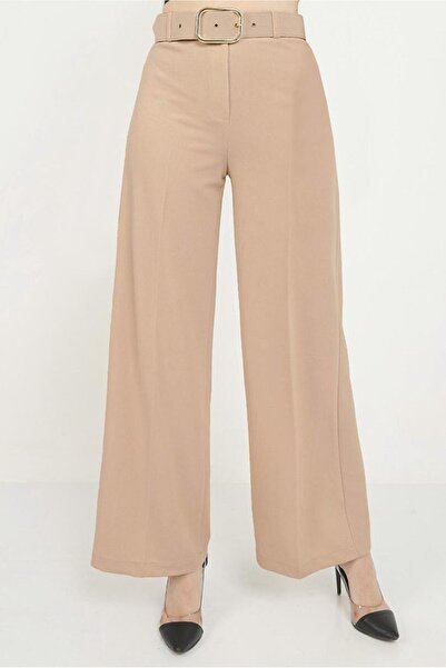 TRENDTESETTÜR KADIN KAHVE (CAMEL) KEMERLİ GENİŞ PAÇA PANTOLON 7988