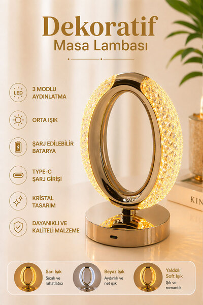 Badem10 Modern Dekoratif Romantik Süsleme Masa Lambası Kristal Taşlı Işıldak ...