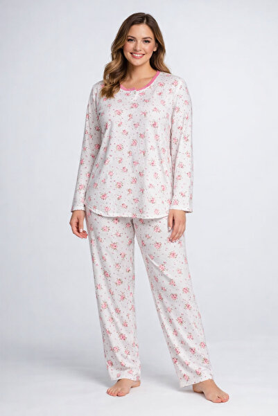 GÜZEL KAMAN Plus Size Cream Top with Pink Pattern Three Buttons 1 Piece Hospi...