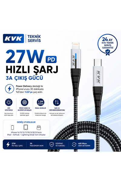 KVK TS LED Göstergeli USB-C to Lightning 27W Hızlı Şarj Kablosu | 3A | 1.2 Me...