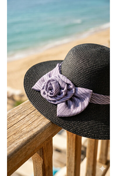 Bohemian Black Straw Women's Beach Hat - with Wide Band and Bow