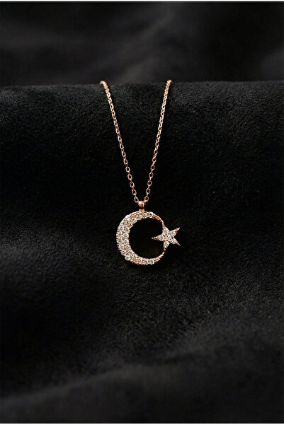 Roza Silver 925 Ayar Zirkon Taşlı Rose Ay Yıldız Bayrak Gümüş Kolye